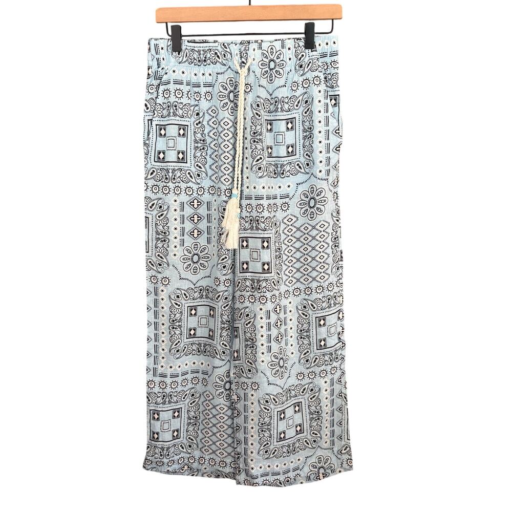 Rachel Zoe Linen Wide Leg Pants M Blue Handkerchief Patchwork Coastal  Tie